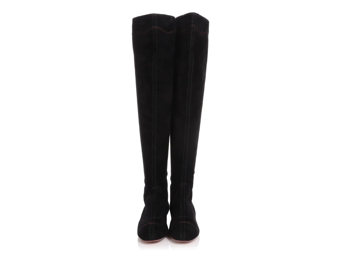 Alaïa Black Suede Tall Flat Boots