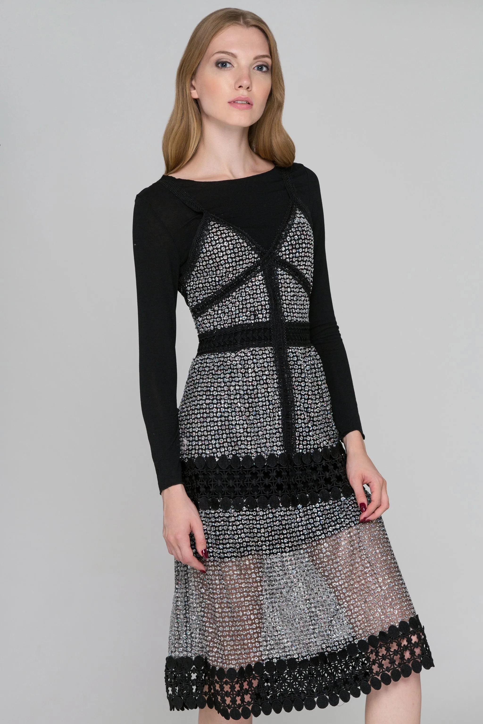 Black Lace Glittered Two-Piece Dress