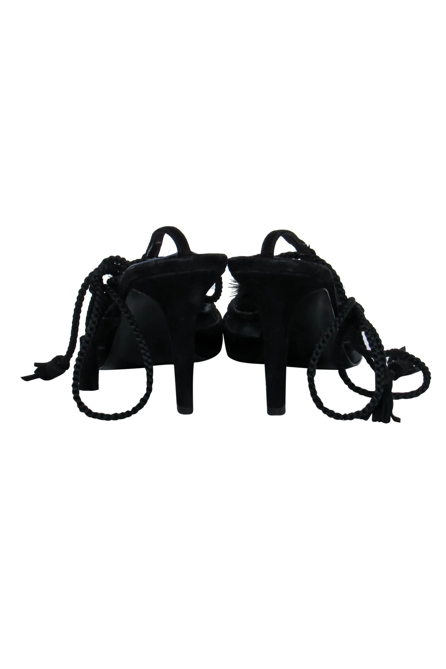 Delman - Black Satin Pointed Toe Ankle Wrap Heels w/ Fur Pom Poms Sz 7.5