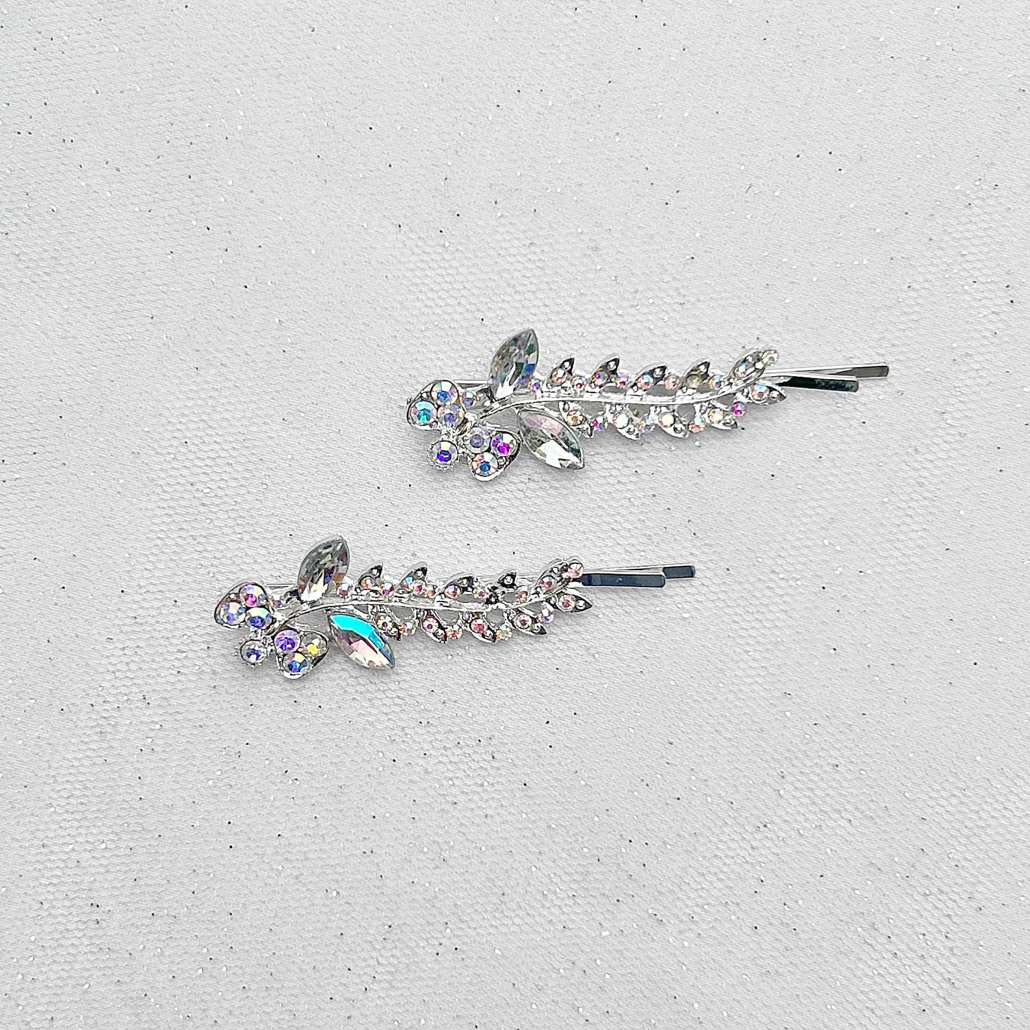 Diamante Hair Slides Silver Hair Clips Sparkly Hair Slides Floral Set of 2