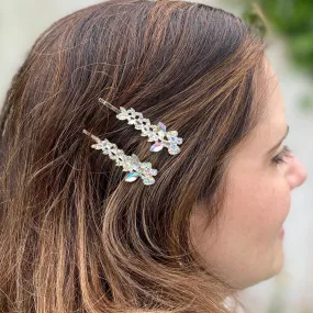Diamante Hair Slides Silver Hair Clips Sparkly Hair Slides Floral Set of 2