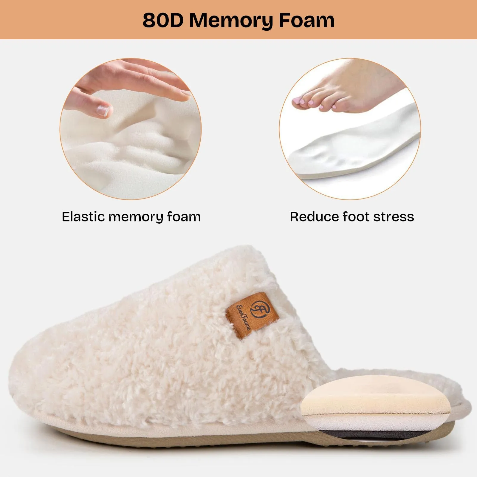 EverFoams Women's Fuzzy Slip-on Slippers Warm Cozy Soft Lightweight Memory Foam Indoor House Shoes Cream White, 11-12 US