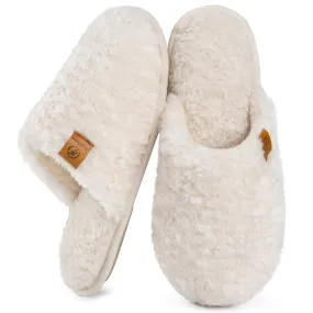 EverFoams Women's Fuzzy Slip-on Slippers Warm Cozy Soft Lightweight Memory Foam Indoor House Shoes Cream White, 11-12 US