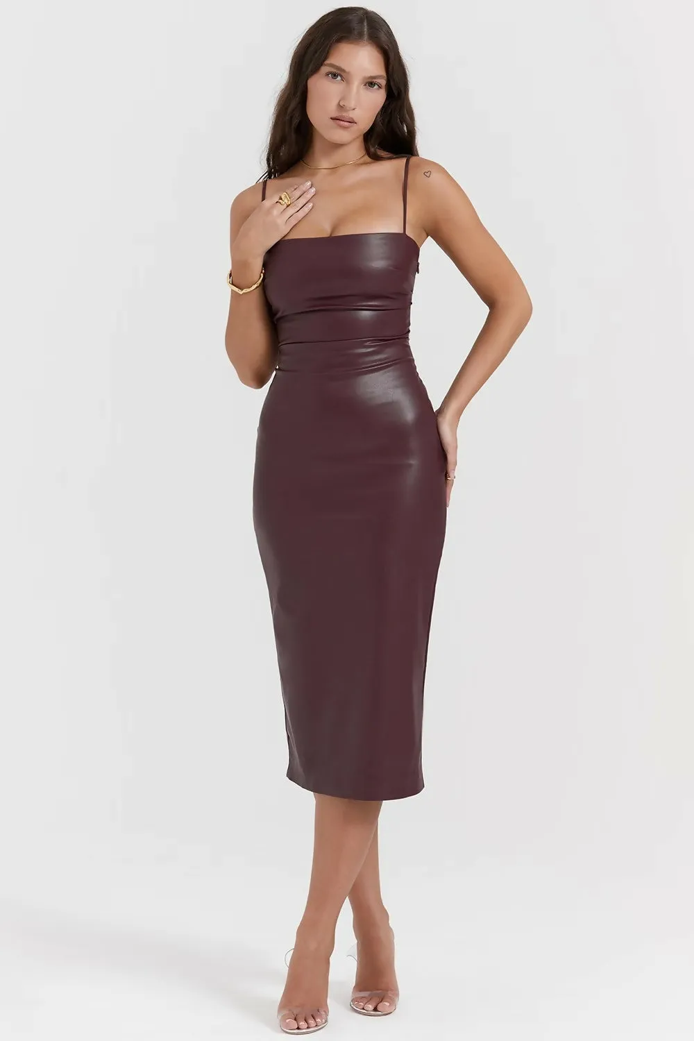 House of CB Jalena Mulberry Vegan Leather Lace Back Dress