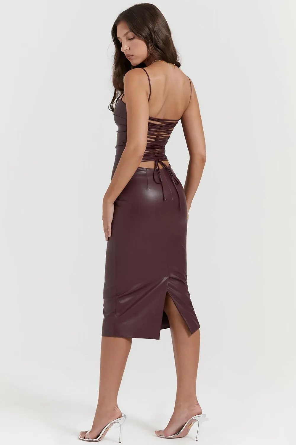 House of CB Jalena Mulberry Vegan Leather Lace Back Dress
