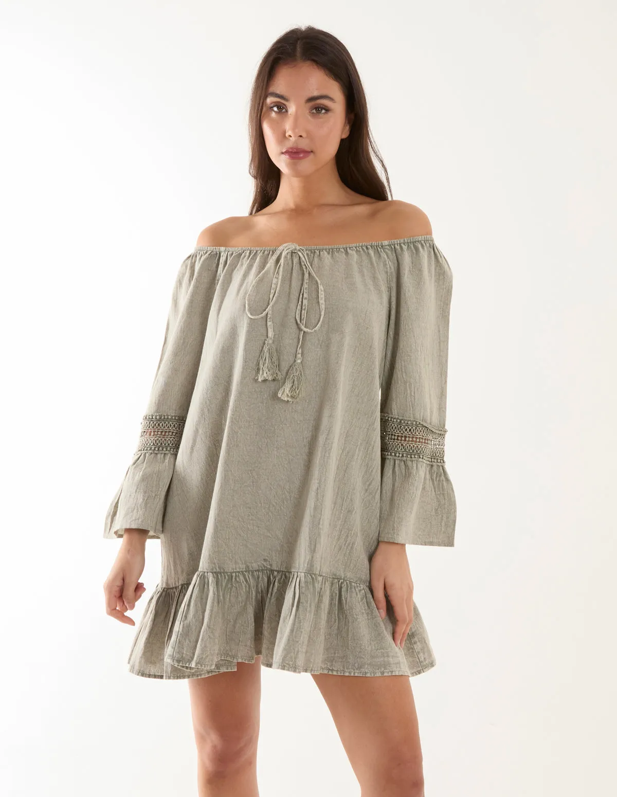 Lace Trim Elasticated Bardot Neck Tunic Dress