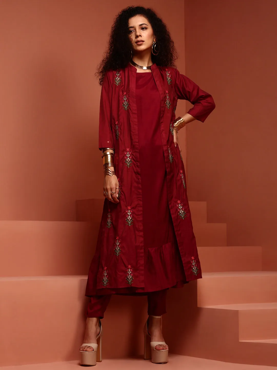 Maroon Embroidered Kurta Set With Jacket