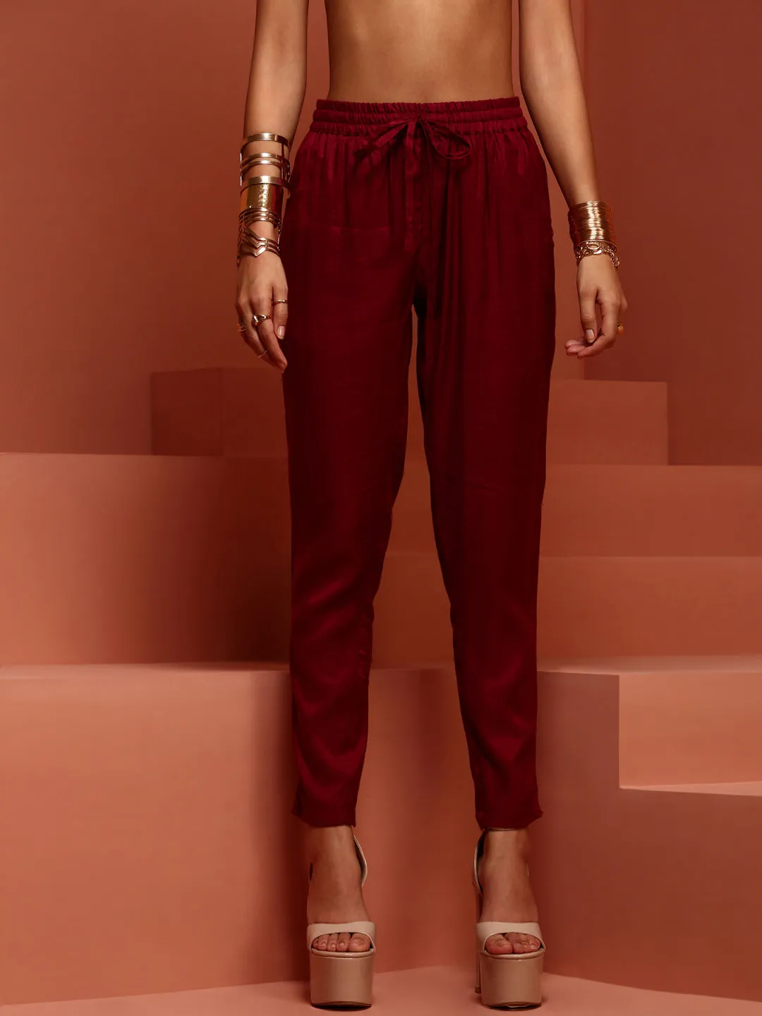 Maroon Embroidered Kurta Set With Jacket