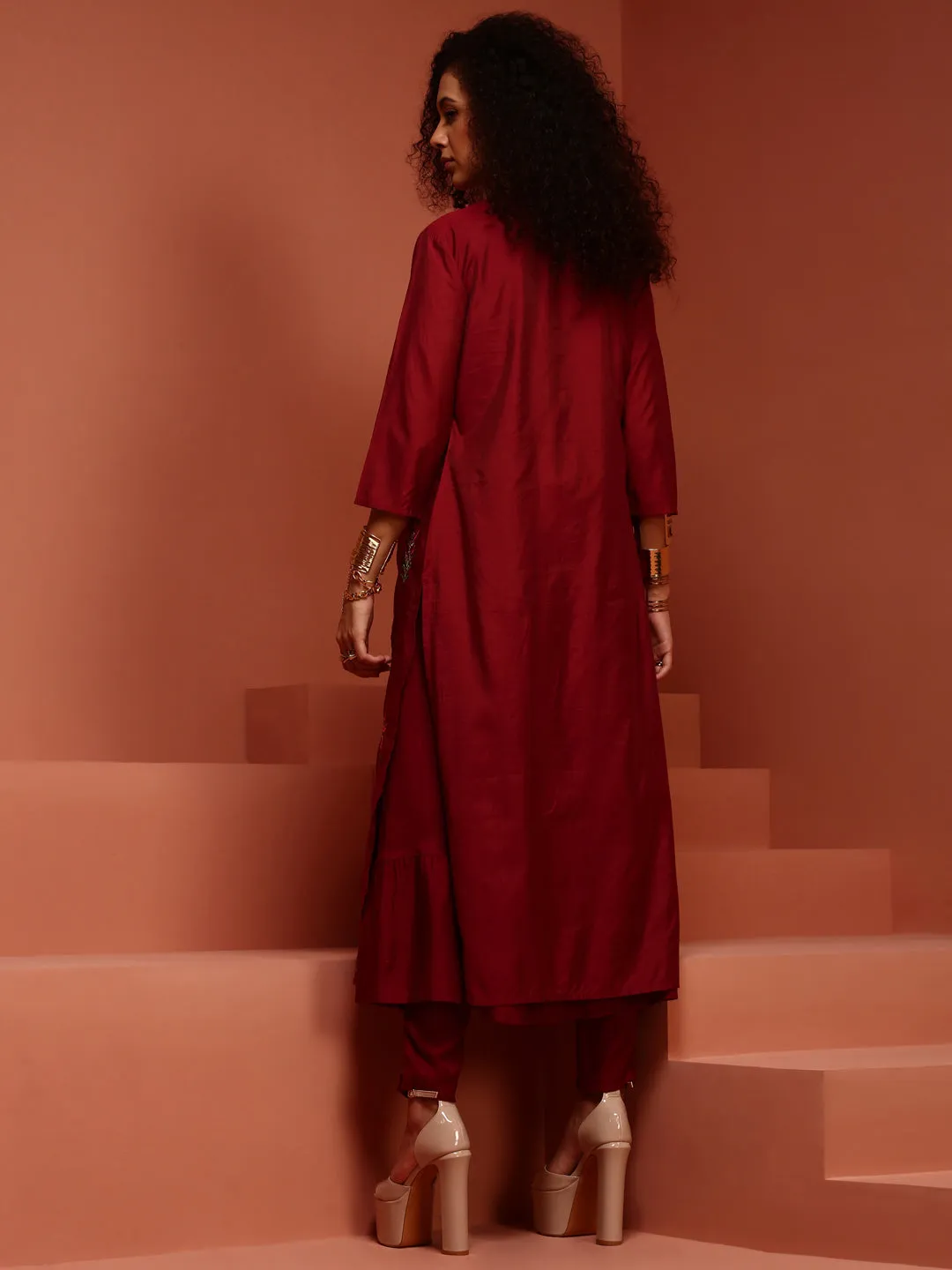 Maroon Embroidered Kurta Set With Jacket