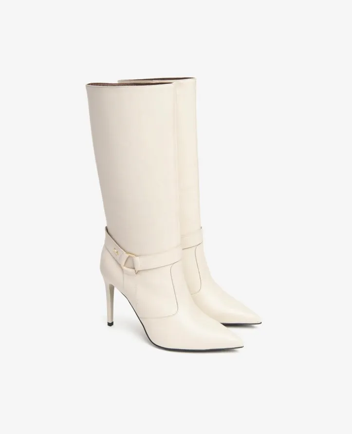 NeroGiardini - I410824DE Cream Leather Stiletto Mid Calf Boot.