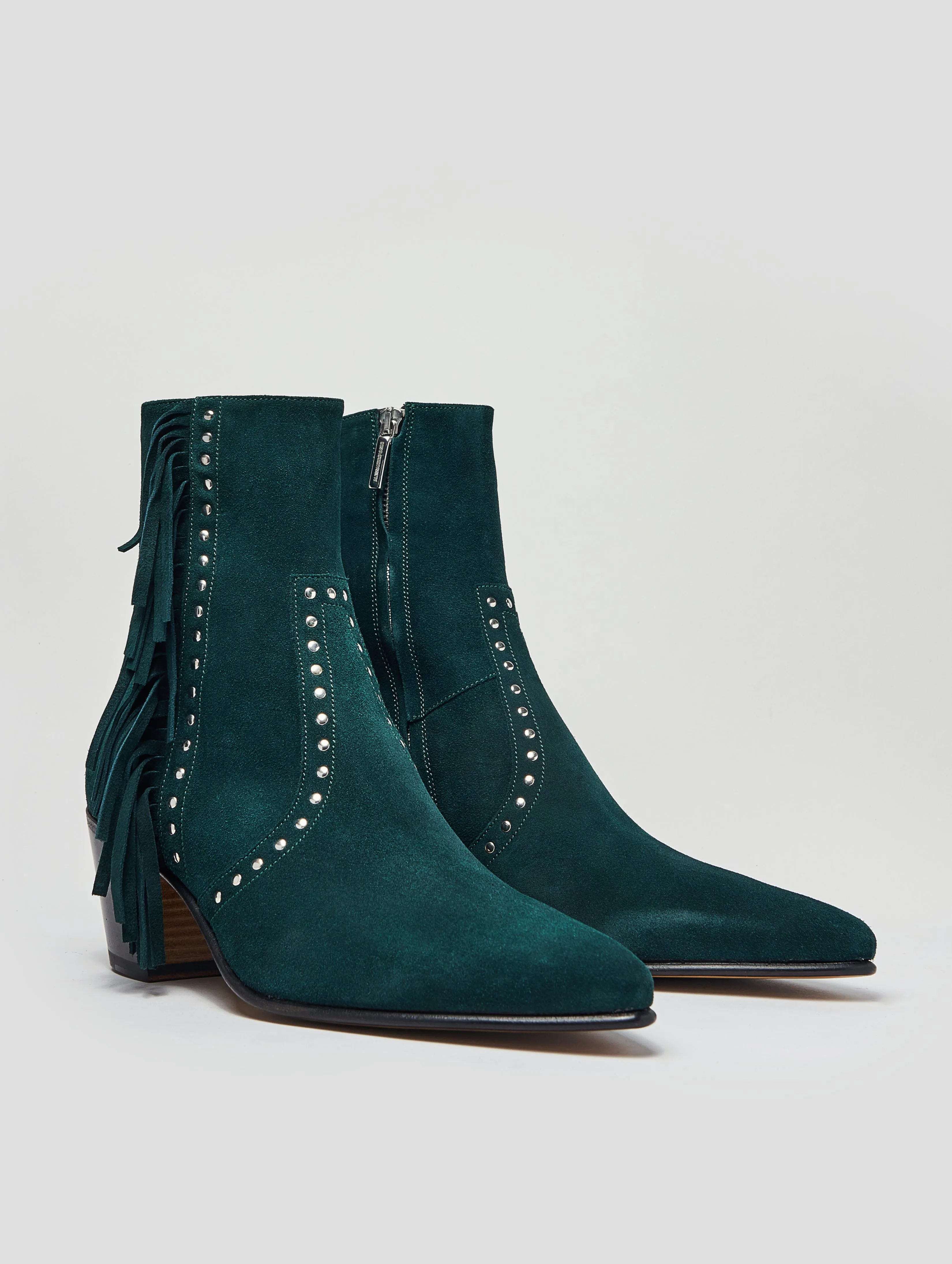 NICO 60MM "MOJAVE" FRINGED BOOT IN EMERALD GREEN SUEDE-Woman