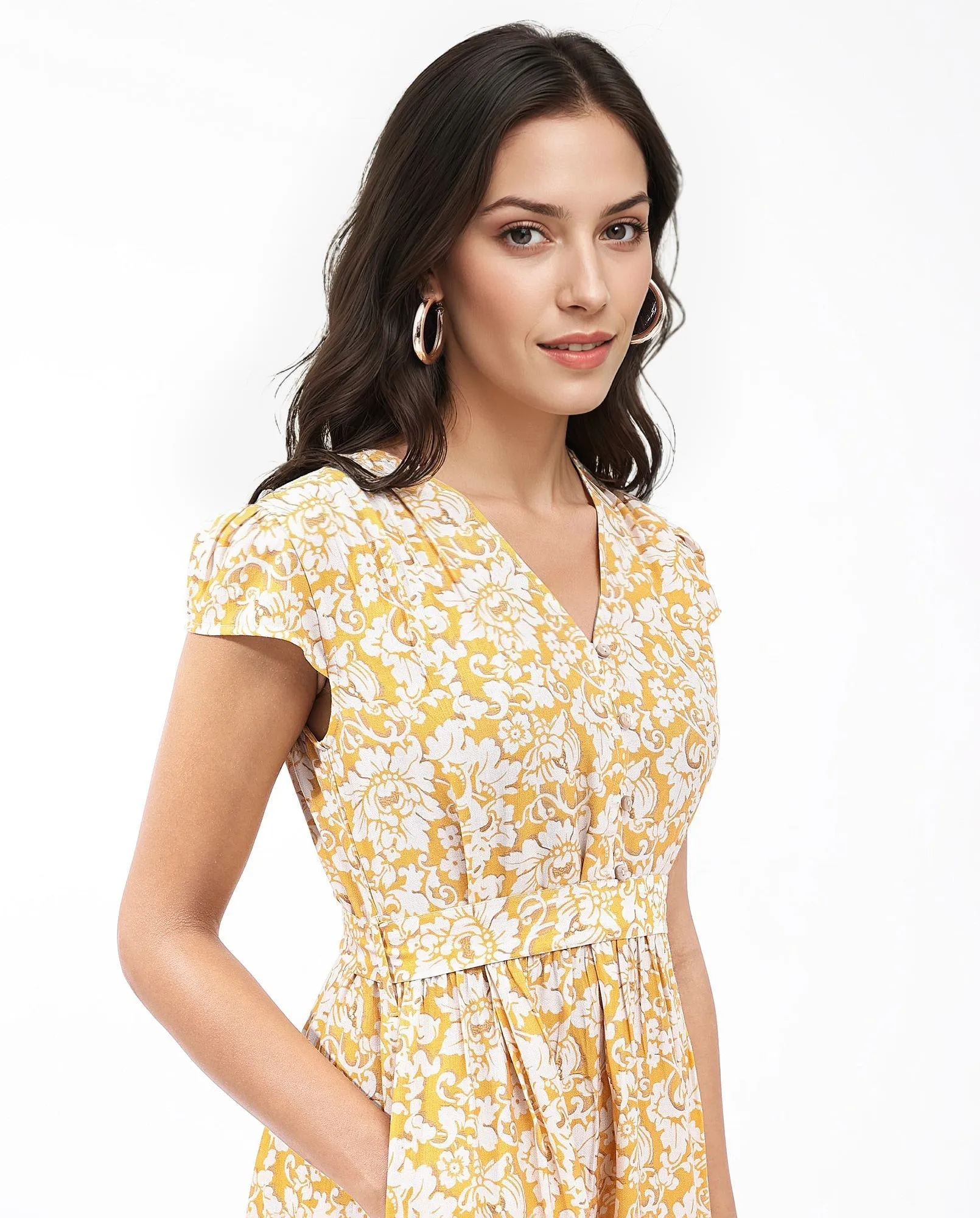 Rareism Women Tenna Yellow Cap Sleeves V-Neck Button Closure Fit And Flare Midi Floral Print Dress