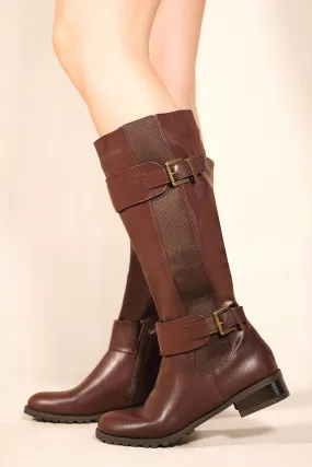 SEANEY STRETCH CALF BOOTS WITH BUCKLE IN CHOCOLATE BROWN FAUX LEATHER