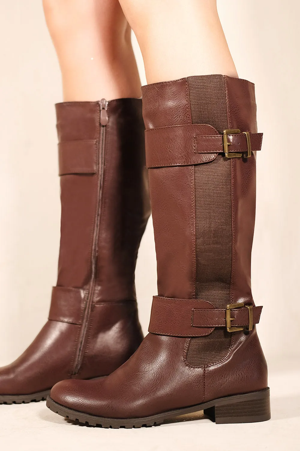 SEANEY STRETCH CALF BOOTS WITH BUCKLE IN CHOCOLATE BROWN FAUX LEATHER