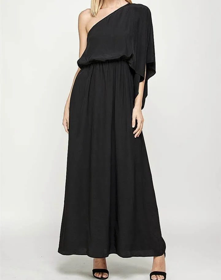 The Ali Dress: Solid Satin One Shoulder Maxi Dress
