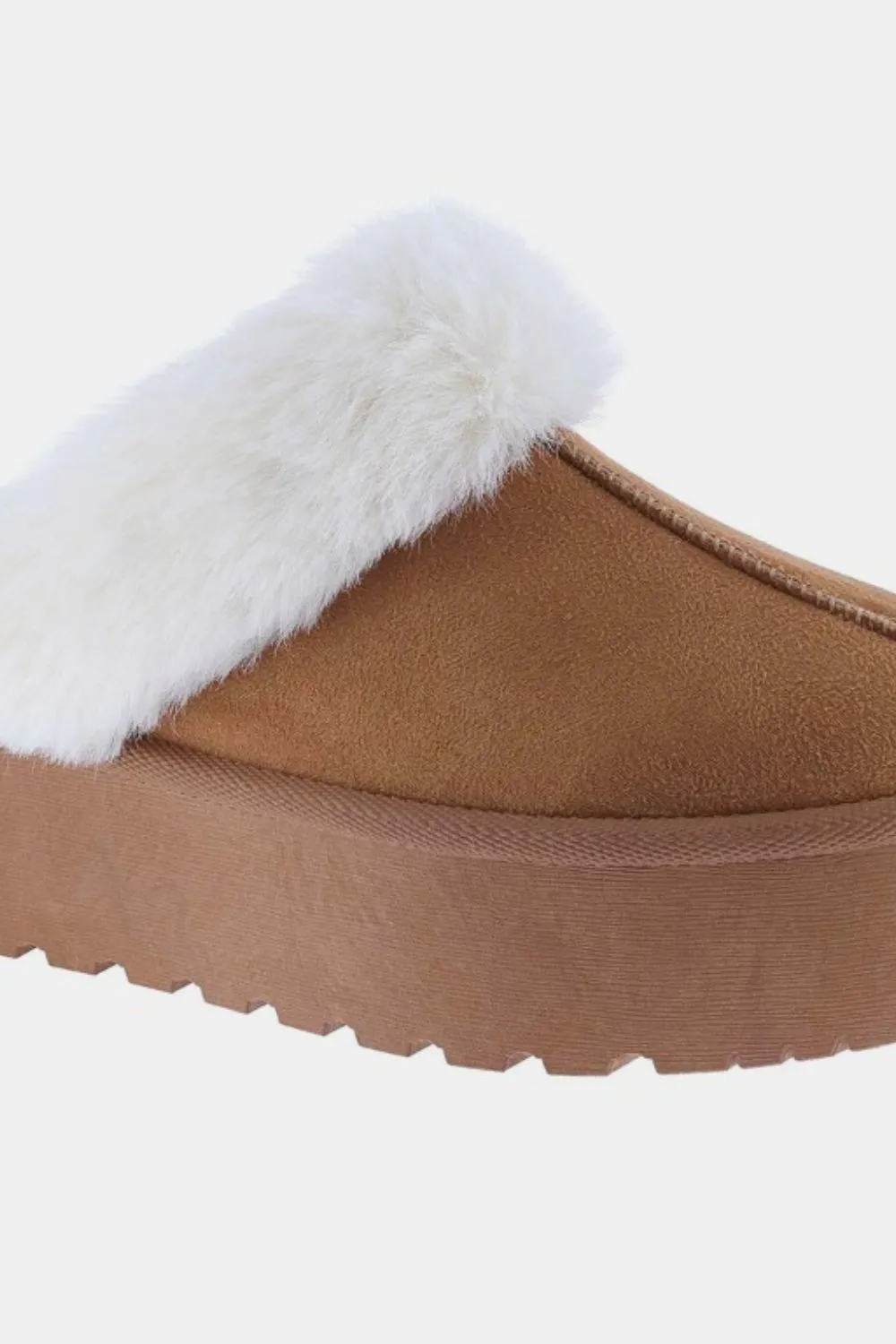 Trinity Thick Bottom Fur Trim Snow Slippers Tan