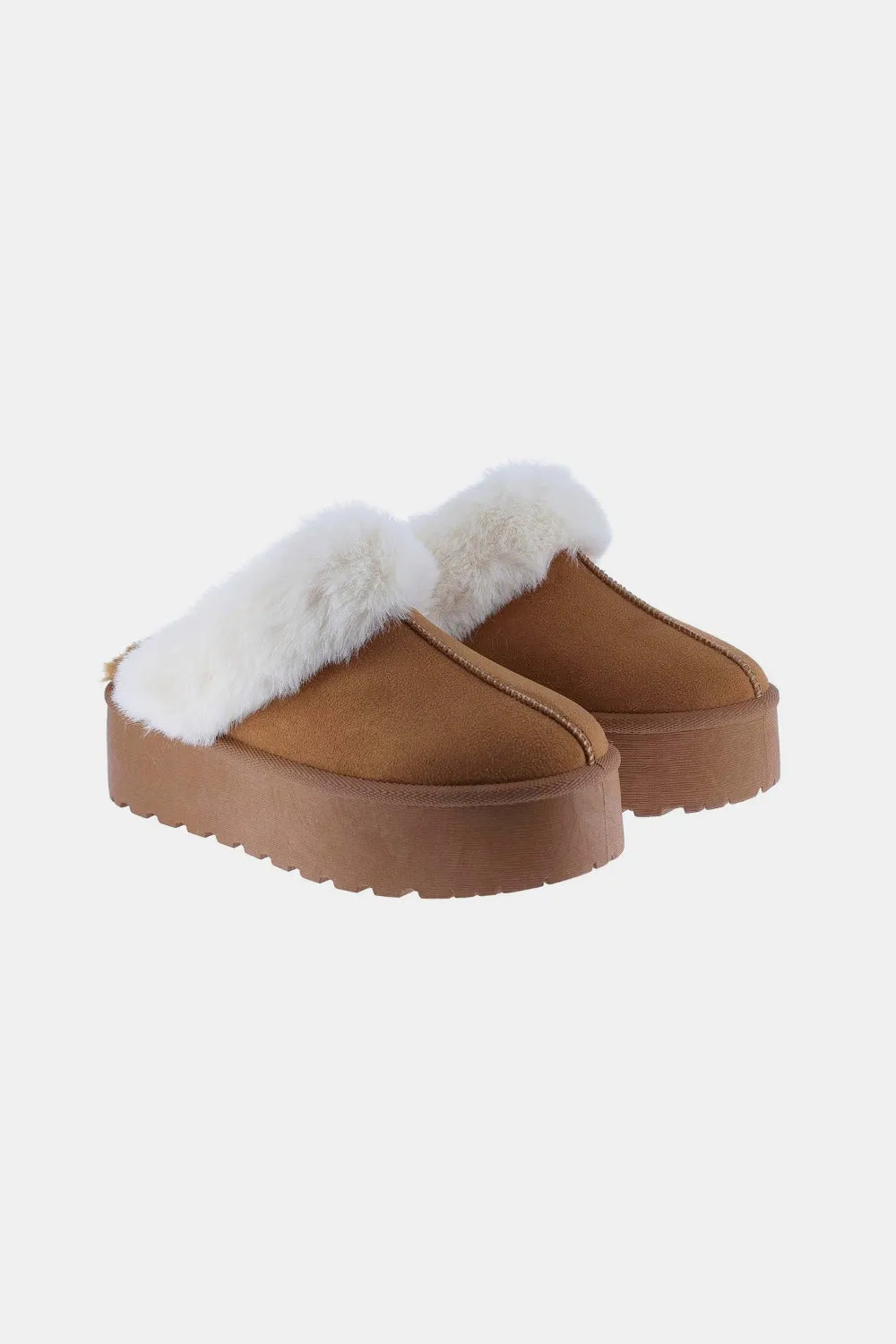 Trinity Thick Bottom Fur Trim Snow Slippers Tan