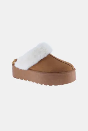 Trinity Thick Bottom Fur Trim Snow Slippers Tan