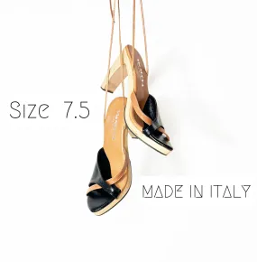 Vintage Leather Sandals Lace Up Wood Heels Made in ITALY Size 8