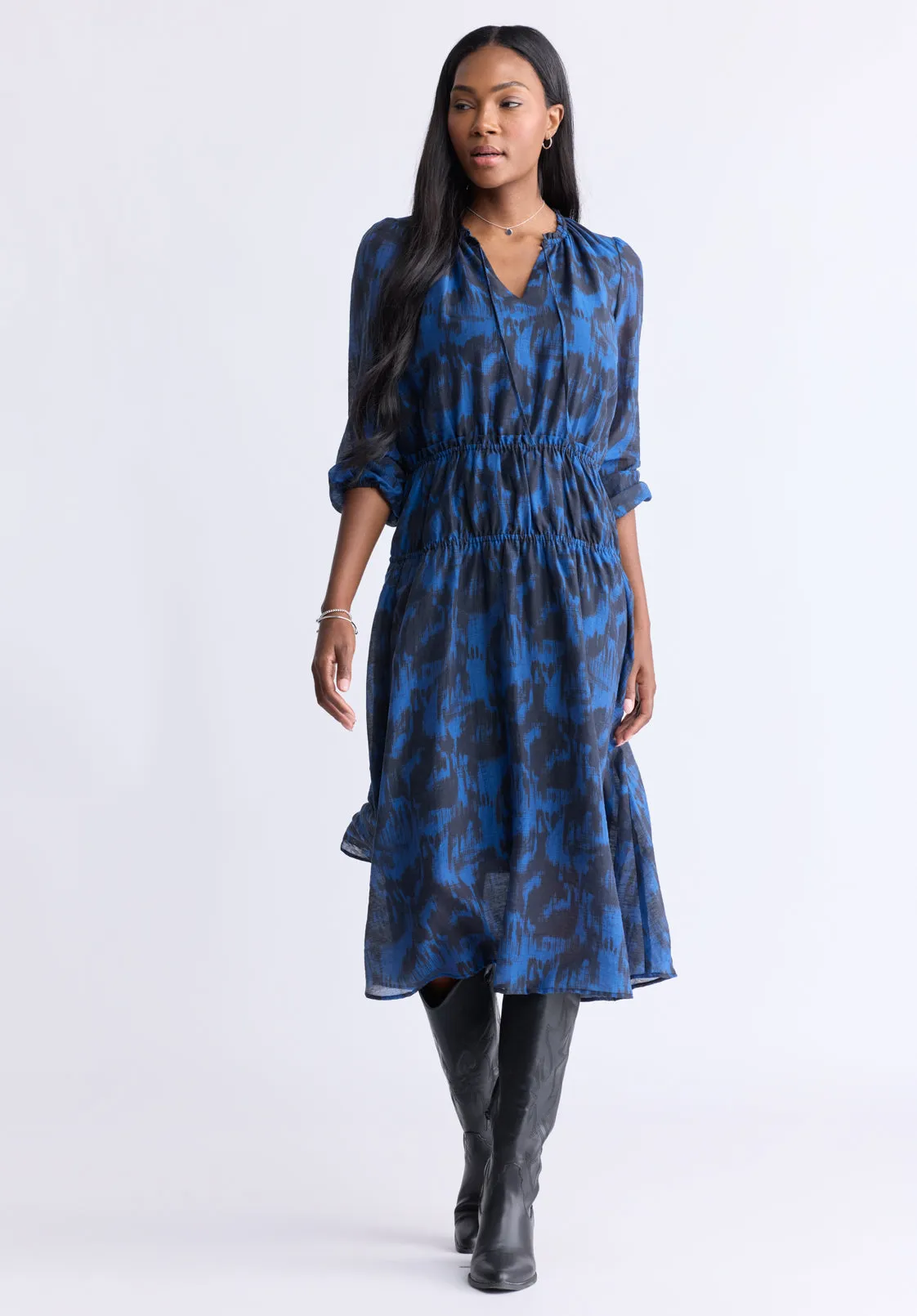 Virlen Women’s Long Sleeve Tie-neck Printed Midi Dress, Navy - WD0062F