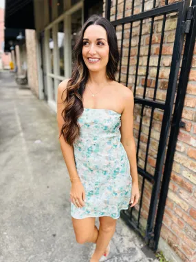 Water Color Satin Tube Mini Dress- Sage/Green
