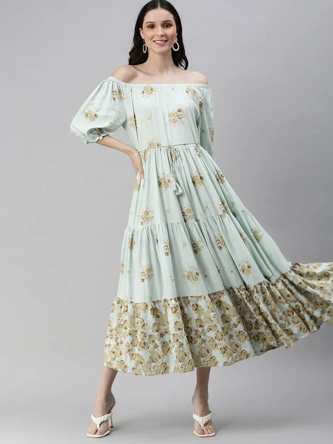 Women Turquoise Blue Printed Fit and Flare Dress