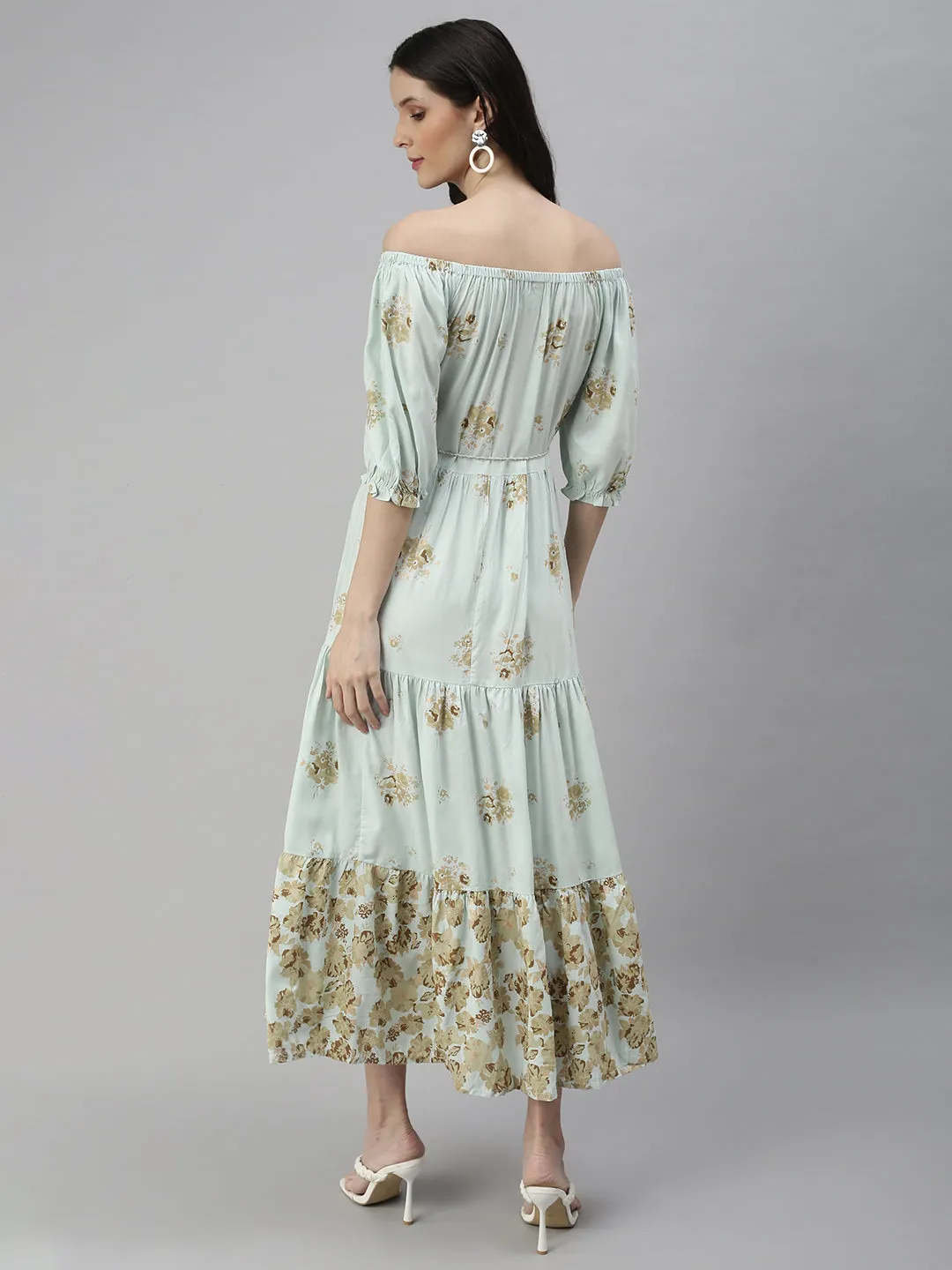 Women Turquoise Blue Printed Fit and Flare Dress